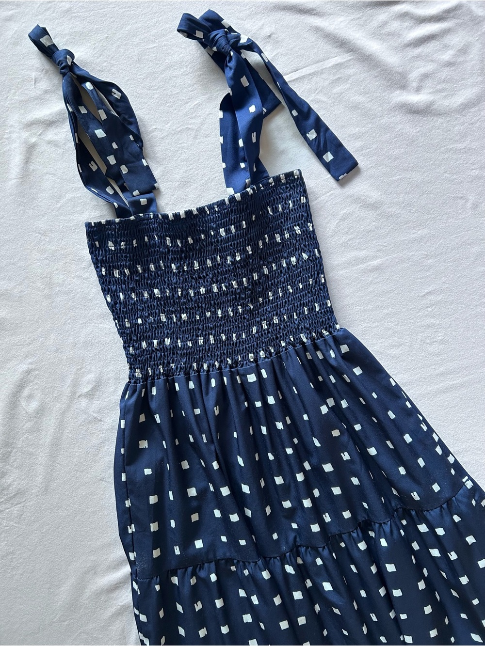 Navy Blue White Print Smocked Tiered Maxi Dress Tie Strap Boho